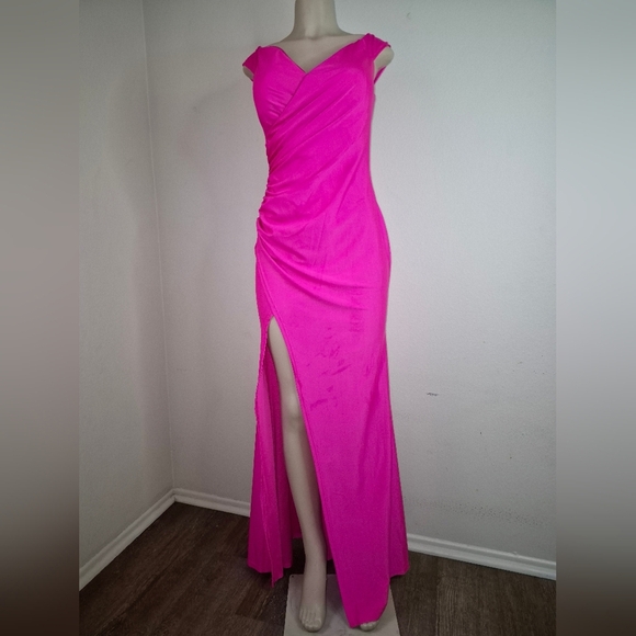 Pink Ruched Asymmetrical Bodycon Dress - Picture 1 of 5